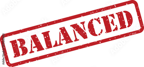 Bold red grunge textured rubber stamp mark showing the uppercase word BALANCED against a bright white plane