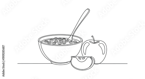 Cereal bowl with apple, healthy breakfast continuous line art