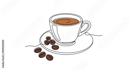 Cup of coffee with beans, simple line art illustration
