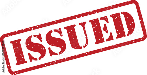 Bold red textured rubber stamp impression showing the word ISSUED on a bright white background