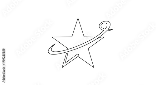 Star with orbiting swoosh, minimalist line art icon