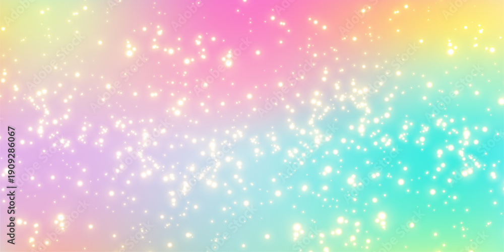 Fototapeta premium Glitter sparkle background with pastel gradient sky, dreamy princess fantasy light, magical unicorn rainbow stars, and shimmering bokeh sparkle effect for fairy tales. Vector illustration.