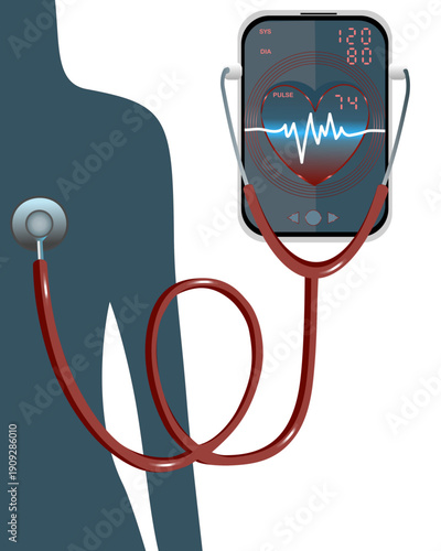 Digital Heart Monitoring App on Smartphone with Stethoscope, Telemedicine Cardiology Healthcare Concept Vector