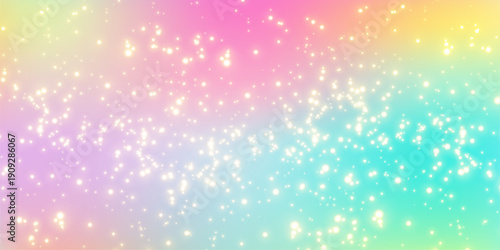Glitter sparkle background with pastel gradient sky, dreamy princess fantasy light, magical unicorn rainbow stars, and shimmering bokeh sparkle effect for fairy tales. Vector illustration.