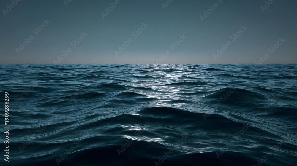 Fototapeta premium A dark vast ocean horizon under a moody twilight sky with gentle waves and subtle reflections