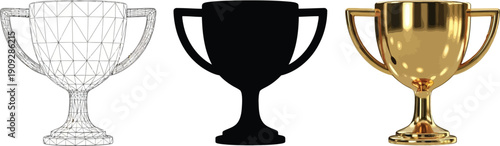 Golden trophy cup with wireframe and silhouette representations symbolizing achievement victory and the process of design and creation isolated on a clean white background