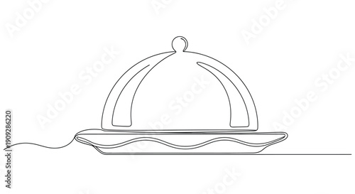Serving cloche on wavy platter in continuous line drawing