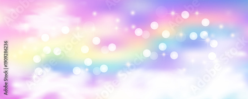 Magical pink rainbow backdrop featuring sparkle effects, pastel gradient sky with glitter stars, cute unicorn dreams, and iridescent fairy tale princess atmosphere. Vector illustration.