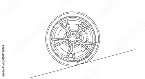 Car wheel and tire on ramp in minimalist line drawing