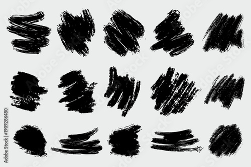 Collection of ink Brush Strokes. Set of vector Grunge Brushes. Dirty textures of banners, boxes, frames and design elements. Painted objects Isolated on white background