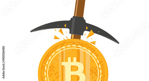 Bitcoin mining concept illustration with pickaxe and golden coin.