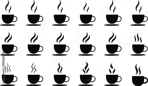 Hot coffee cup silhouettes set with steaming mugs and cups isolated on white background for café, beverage, breakfast, and drink icon design use