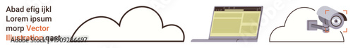 Cloud storage, cybersecurity, online privacy, data encryption, secure access, tech solutions. Image shows a cloud, laptop and security camera icon. Cloud storage and cybersecurity concept