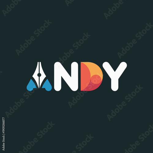 Modern Andy Logo Design with Minimalist Pen Nib Icon and Vibrant Circular Abstract Typography