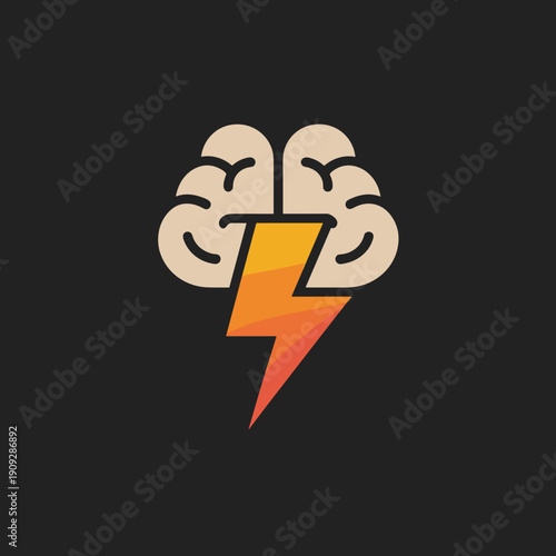 Modern Brainstorming Logo with Minimalist Human Brain Icon and Vibrant Orange Lightning Bolt Symbol