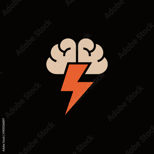 Modern Brainstorming Logo with Minimalist Human Brain Icon and Vibrant Orange Lightning Bolt Symbol