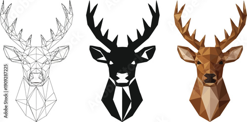 Collection of geometric deer head illustrations featuring wireframe silhouette and low poly styles perfect for modern branding and wildlife concepts
