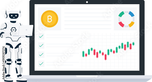 Robot artificial intelligence trading financial bitcoin cryptocurrency laptop computer data analysis digital technology stock market automated system future finance online dashboard