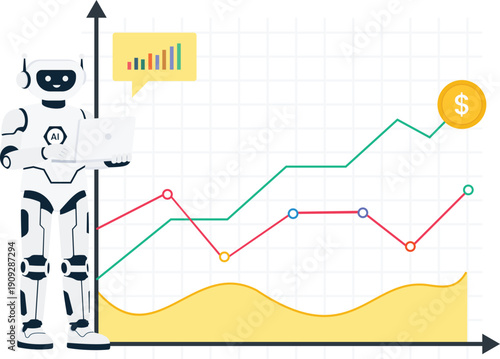 Robot analysis financial data business growth artificial intelligence stock market data processing automated trading technology concept digital finance investment strategy