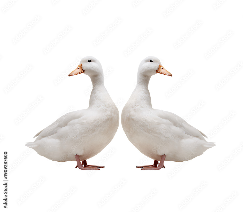 Fototapeta premium Two white ducks standing side by side on transparent background