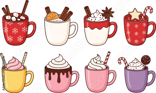 Cute winter hot drinks mugs collection vector illustration cozy seasonal beverage design