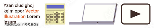 Education, tech tools, digital learning, backup systems, online media, and communication. Calculator, laptop and a play button icon. Tech tools and digital learning concept