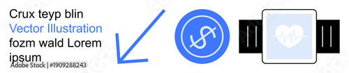 Digital health, financial technology, wearable devices, modern transactions, healthcare payments, innovation. Blue arrow connecting currency icon to a smartwatch with heart monitor. Digital health