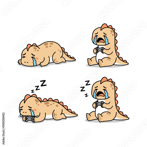 Crying cartoon dinosaur sleeping peacefully with tears and copy space