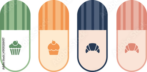 A colorful vector graphic illustration of four pill capsules with dessert icons
