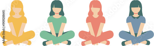 A minimalist vector illustration of four women in different colored outfits sitting cross-legged in a meditative pose