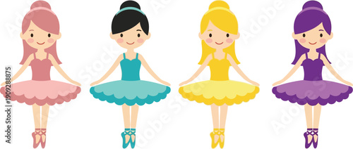 A colorful illustration of four cartoon ballerinas in different colored tutus and ballet shoes