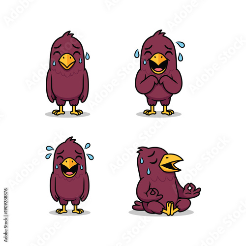 Sad cartoon bird expressing different emotions with crying and despair on white background