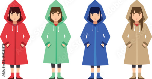 A colorful illustration of four cartoon girls wearing different colored raincoats with hoods