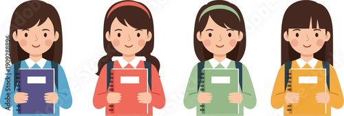 A colorful illustration of four cartoon girls holding notebooks and smiling