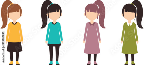 A colorful illustration of four cartoon girls with ponytails standing in a row