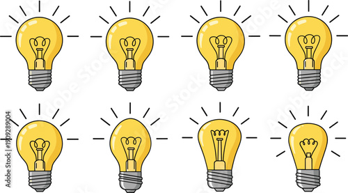 Glowing light bulb collection vector illustration creativity idea innovation symbol set