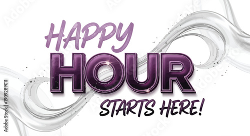 Happy Hour promotional banner template with purple and gray swirls, for advertising or bar flyer, Isolated on transparent background, png