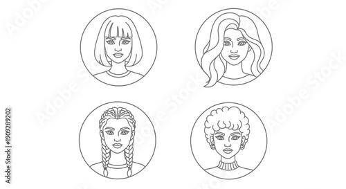 Diverse Women Avatars Set: Round Icons with Different Hairstyles and Ethnicities