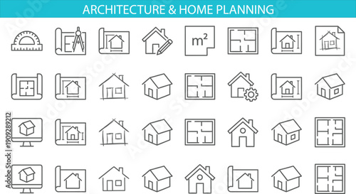 Architecture and home planning line icon set featuring house blueprints, construction design, real estate drafting tools and modern residential building symbols