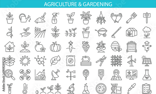 Agriculture and gardening line icon set featuring plant care, farming tools, organic growth, sustainability and modern eco cultivation symbols
