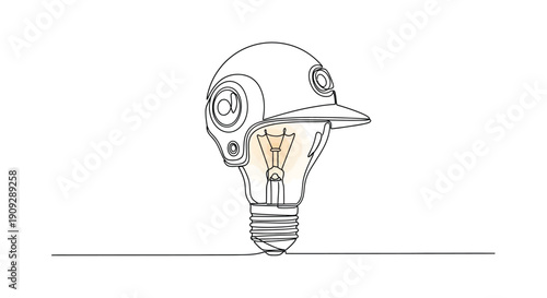 Light bulb with baseball cap, idea concept, single line art, creativity, innovation