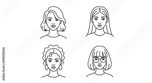 Diverse Women Faces Collection: Various Hairstyles and Ethnicities, Line Art Portraits