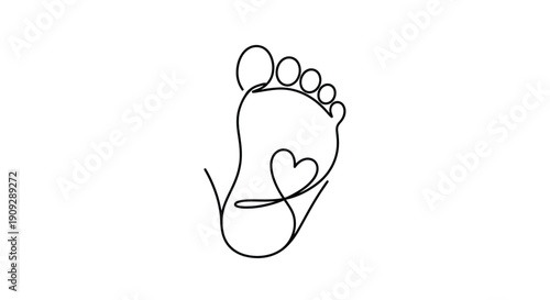 Footprint with heart inside, single line drawing, love, care, journey, positive