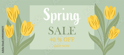 Card for spring sale and beautiful flowers on green background
