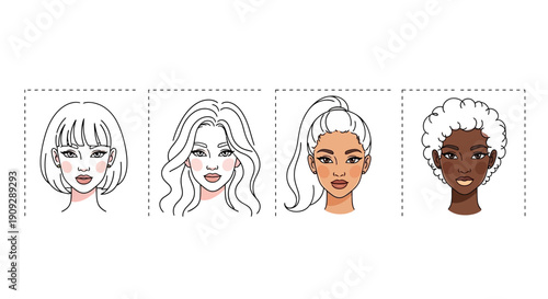 Diverse women faces illustration, beauty standards, skin tones, hairstyles, beauty concept