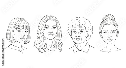 Diverse women faces illustration, different ages and ethnicities, line art