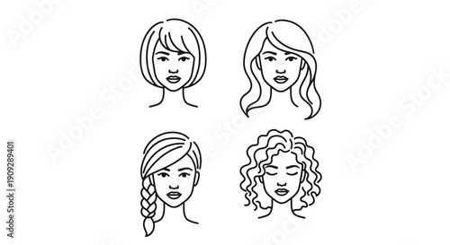 Diverse Women Hairstyles Collection: Bob, Long Wavy, Braid, Curly Hair - Line Art Icons
