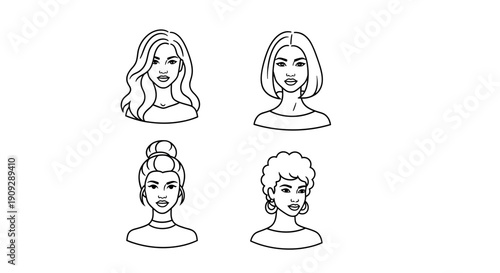 Diverse Women Hairstyles Collection: Line Art Portraits
