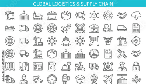 Global logistics and supply chain line icon set featuring cargo transport, delivery services, warehouse operations, shipping networks and modern distribution symbols