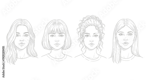 Diverse Women Hairstyles Collection: Long Wavy, Bob, Curly Updo, Straight Hair